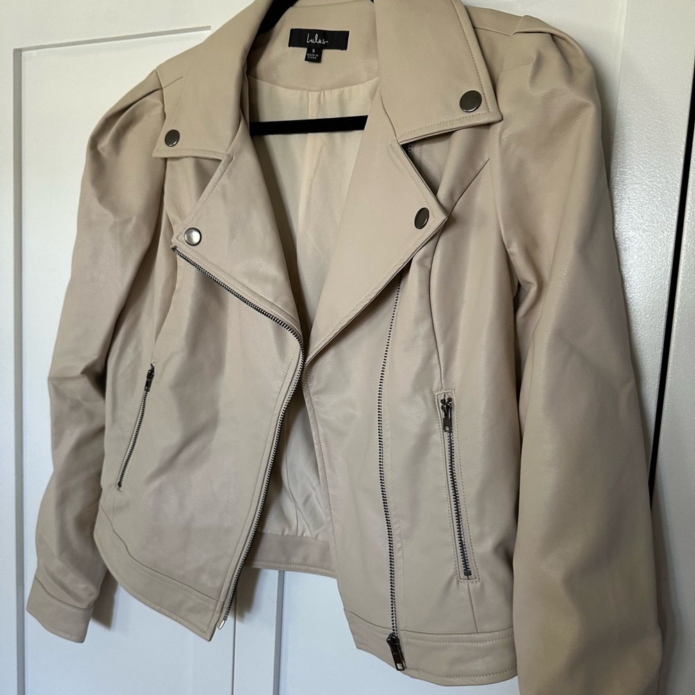 Lulu's Cream Vegan Leather Moto Jacket with Notched Lapel
